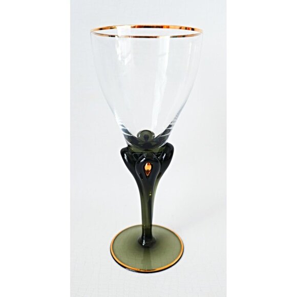 Vintage Set of 4 Retro Dark Green Wine Glasses with Gold Tear Drop Barware - Picture 2 of 4